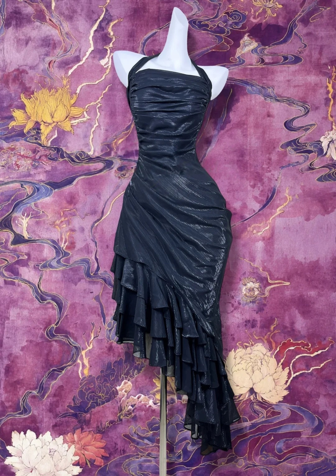 Halter Navy Blue Ruffled Homecoming Dress Retro Cocktail Dress