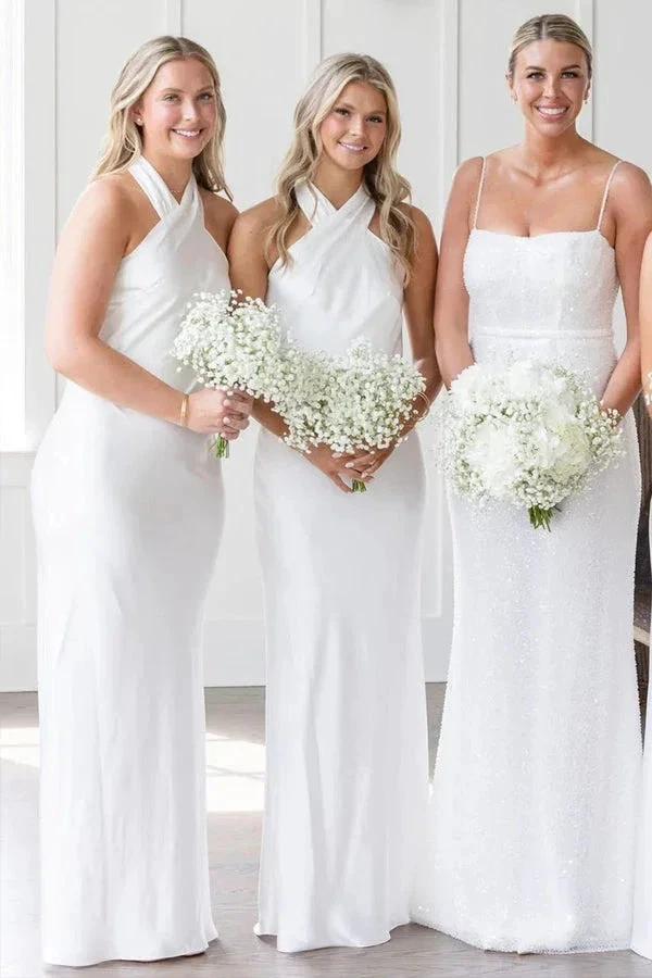 Halter Neckline Cutout Back Long White Bridesmaid Dress (ZD12830)