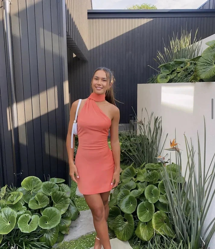 Halter Peach Pink Homecoming Dress Mini Party Dress