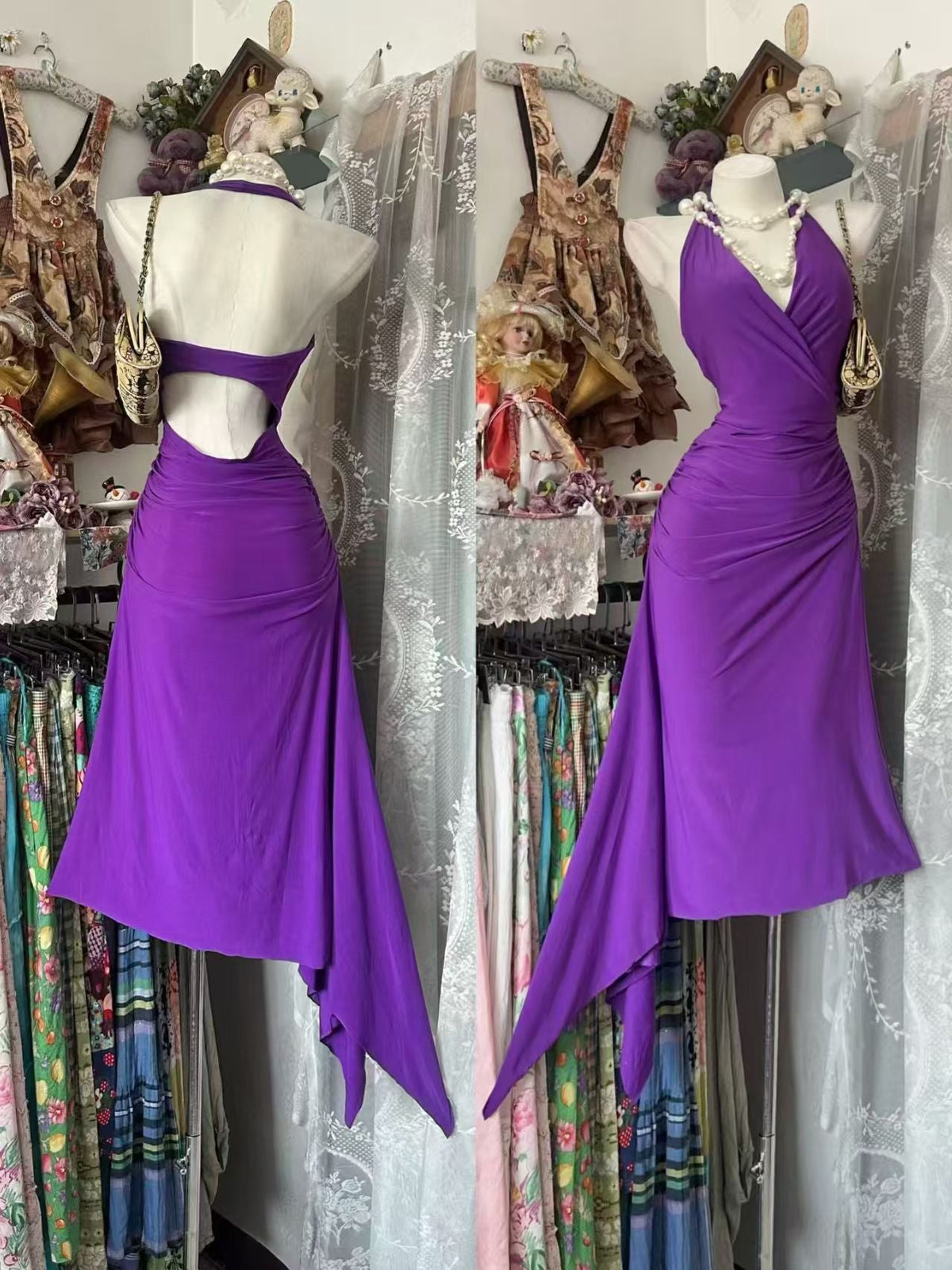 Halter Purple Mermaid Satin Evening Dress Sexy Birthday Dress