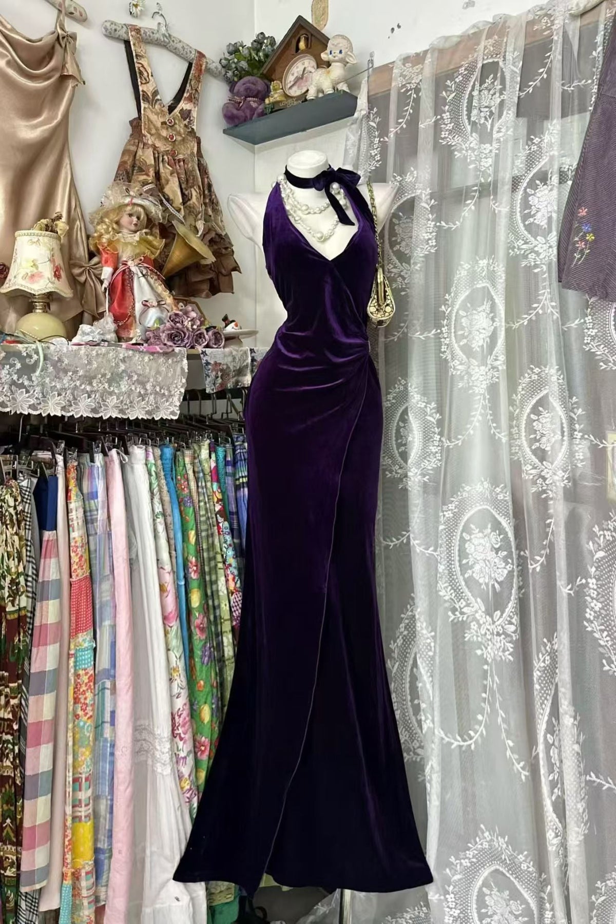 Halter Purple Velvet Prom Dress Sheath Evening Dress