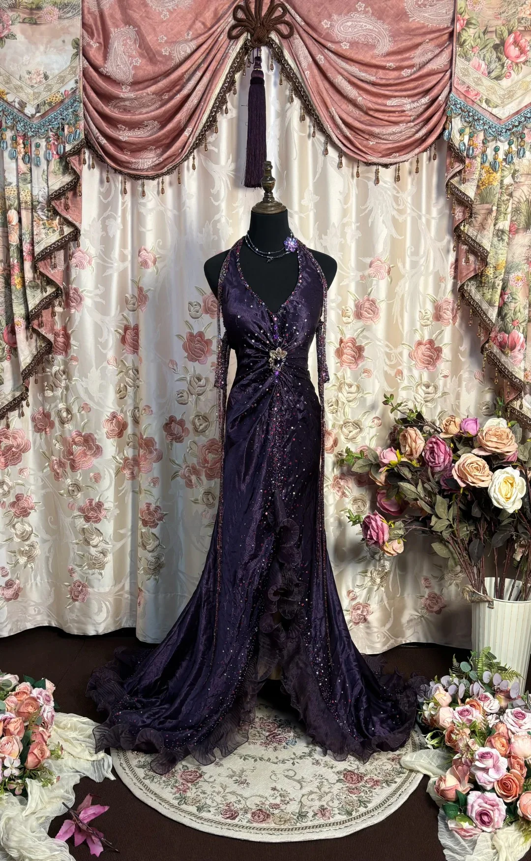 Halter Purple Vintage Prom Dress Beaded Ruffle Birthday Dress