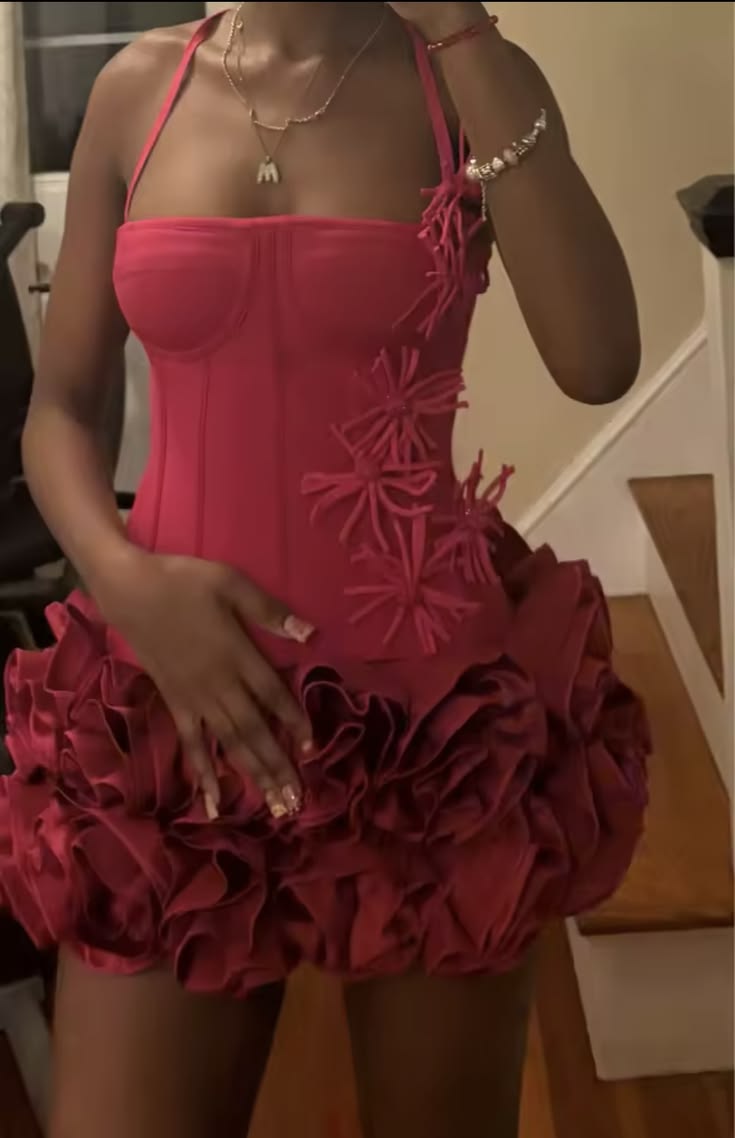 Halter Ruffled Burgundy Mini Birthday Dress Homecoming Dress