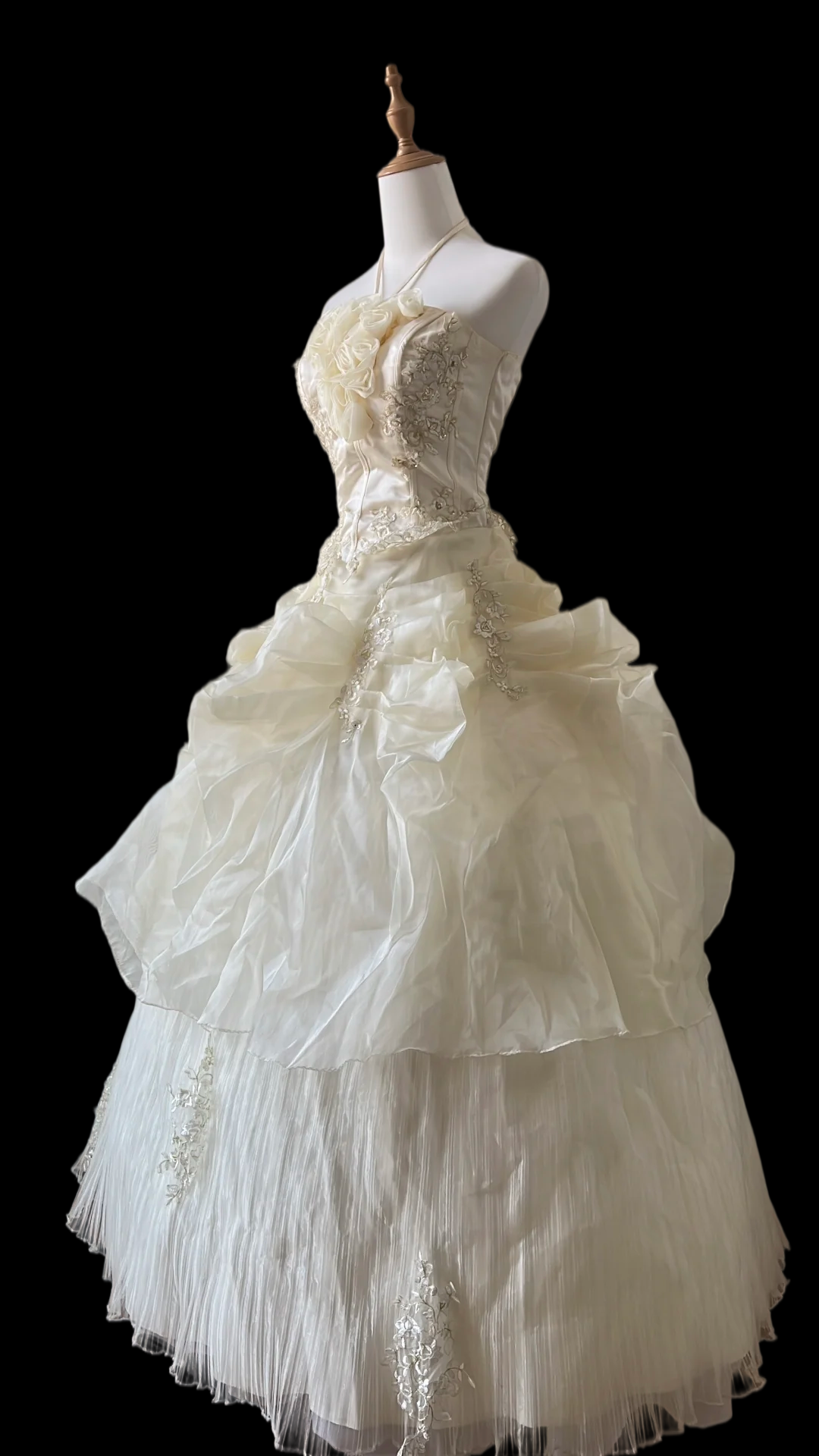Halter Satin Ball Gown Sweet 16 Birthday Dress Beige Prom Dress