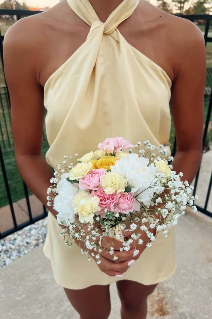 Halter Sheath Satin Yellow Homecoming Dress