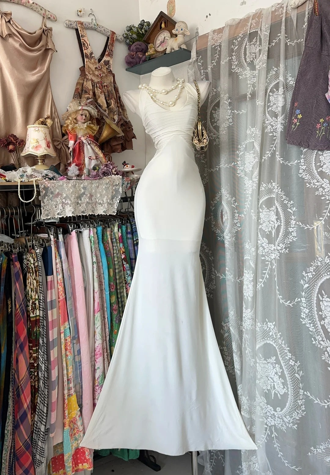 Halter White Mermaid Evening Dress Backless Prom Dress