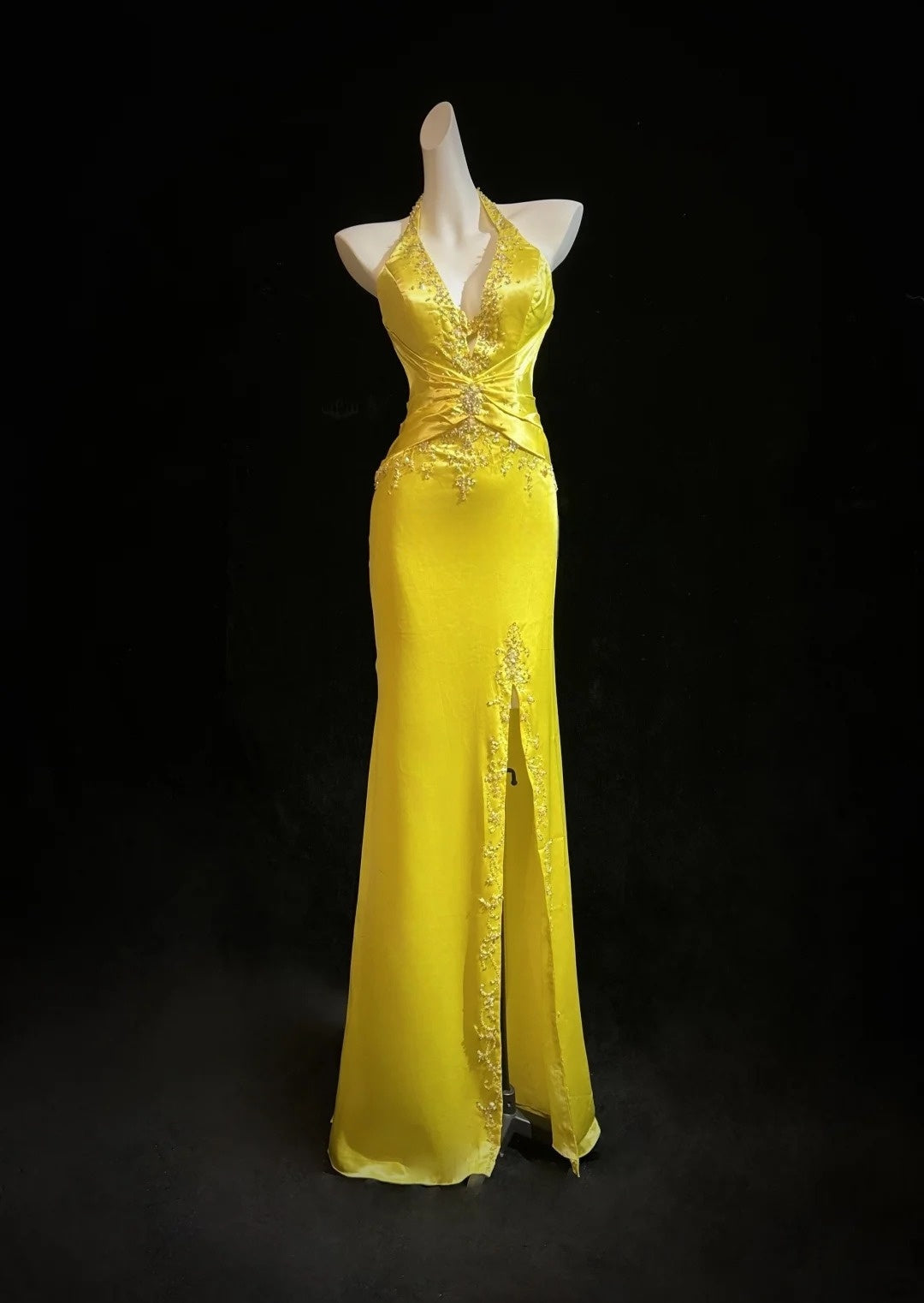 Halter Yellow Satin Prom Dress With Slit Retro Evening Gown  J10564