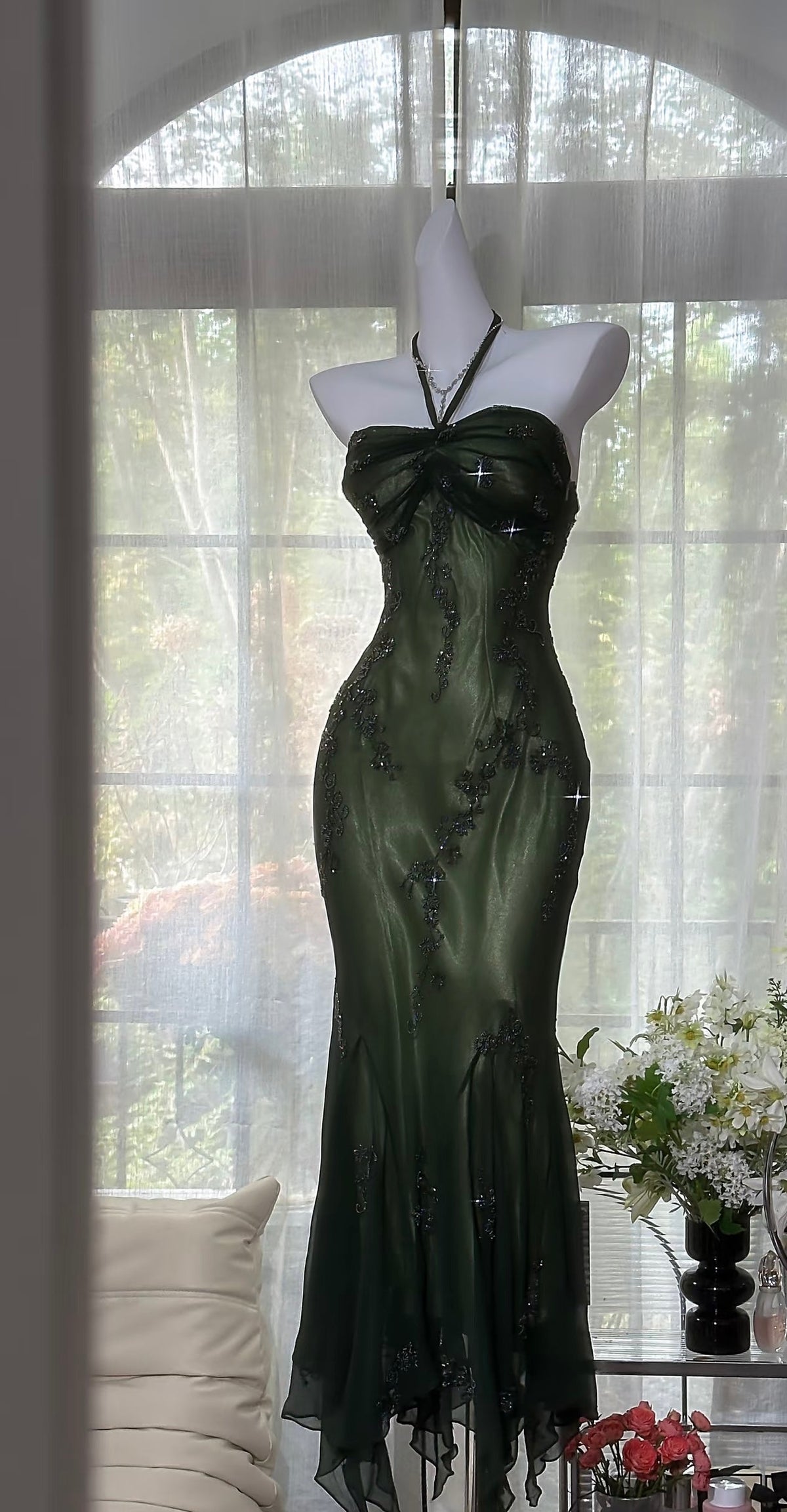 Mermaid Beaded Long Prom Dress Green 