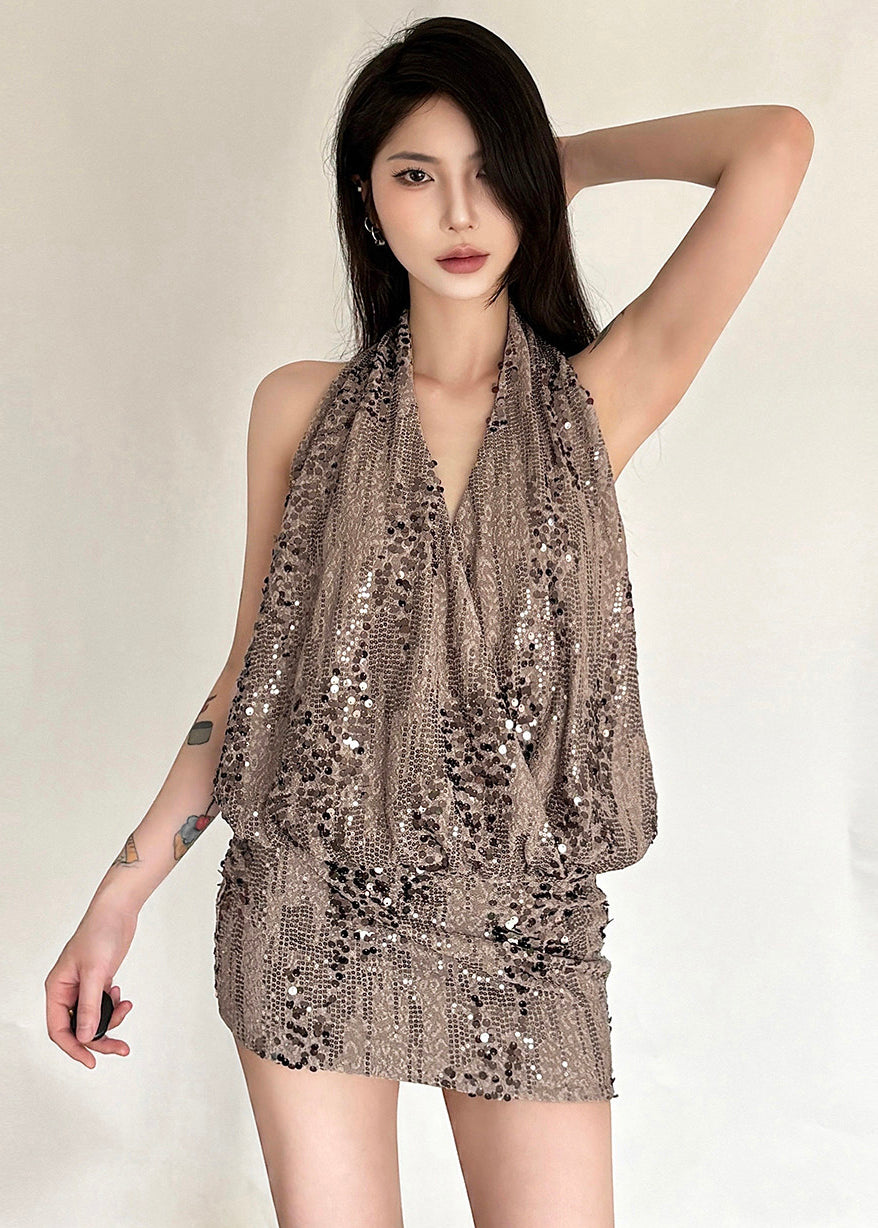 Handmade Brown V Neck Halter Sequins Mid Dress Sleeveless