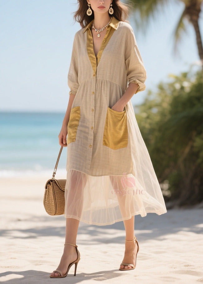 Handmade Khaki V Neck Patchwork Tulle Long Dress Summer