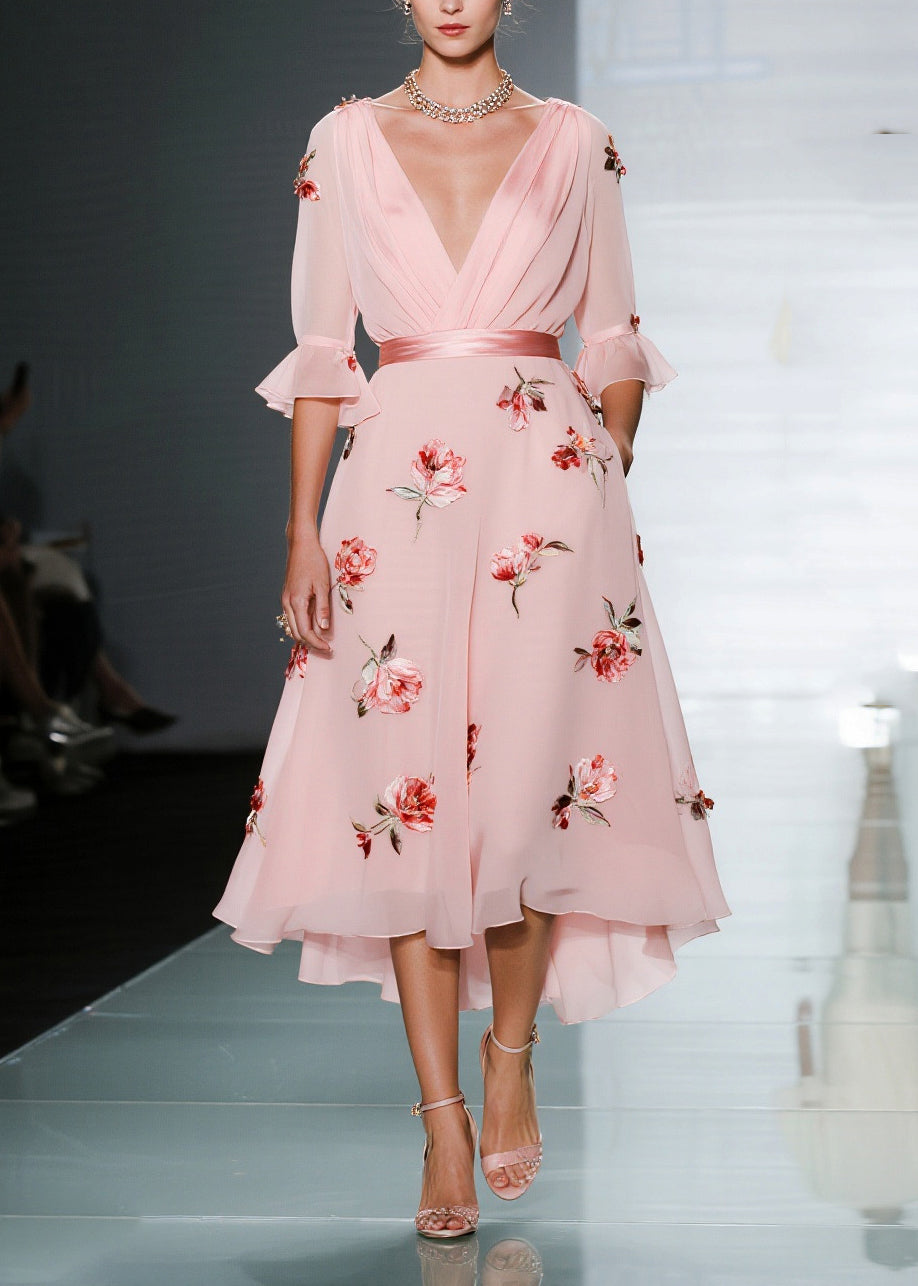 Handmade Pink V Neck Floral Chiffon Party Dresses Flare Sleeve