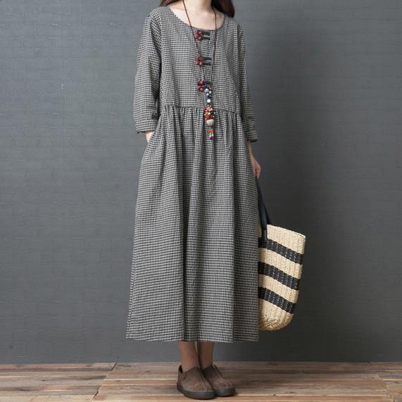 Handmade Black Plaid Linen Dresses O Neck Patchwork Long Dress