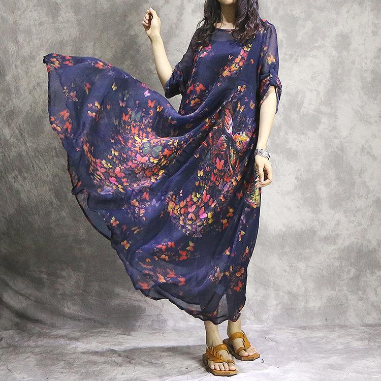 Handmade short sleeve silk Tunics Casual pattern blue prints Robe Dress summer