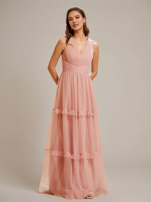 Dusty Rose V Neck Pleated Ruffle Floor-Length Tulle Bridesmaid Dress