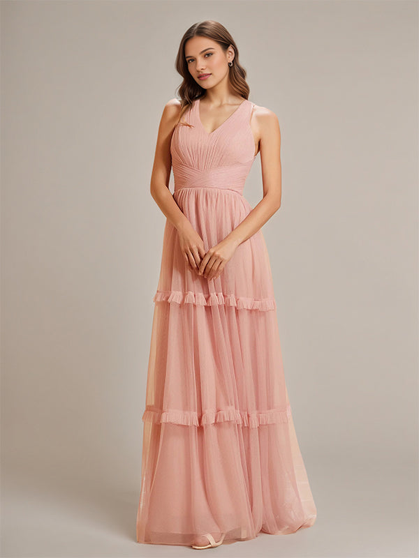 Dusty Rose V Neck Pleated Ruffle Floor-Length Tulle Bridesmaid Dress