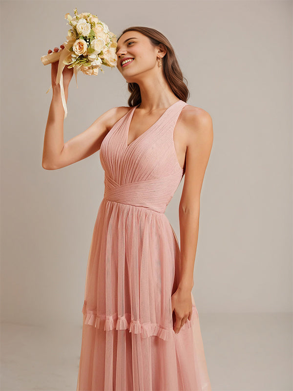 Dusty Rose V Neck Pleated Ruffle Floor-Length Tulle Bridesmaid Dress