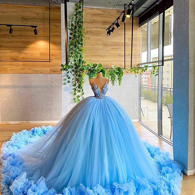 Spaghetti Straps Beading Bodice Tulle Ball Gown Evening Dress With Handmade C64