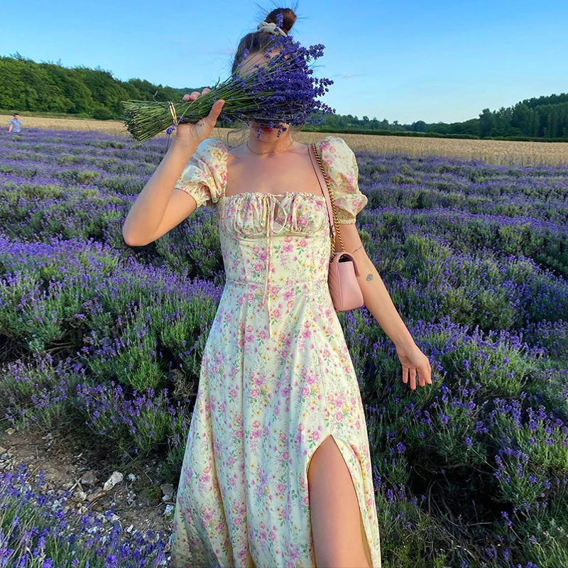 Puff Sleeve Split Floral Dress - View 2 | VelvetHem