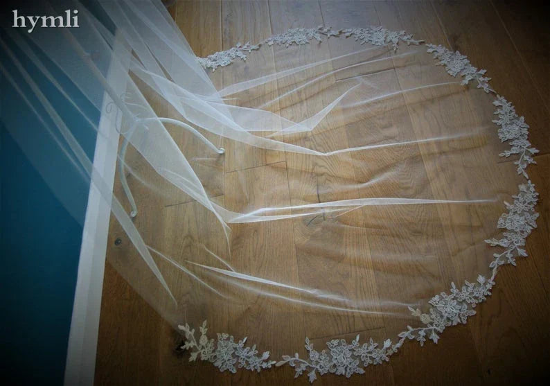 One Layer Lace Applique Wedding Accessories Chapel Veil In White, Off White, Ivory Metal Comb on The Top