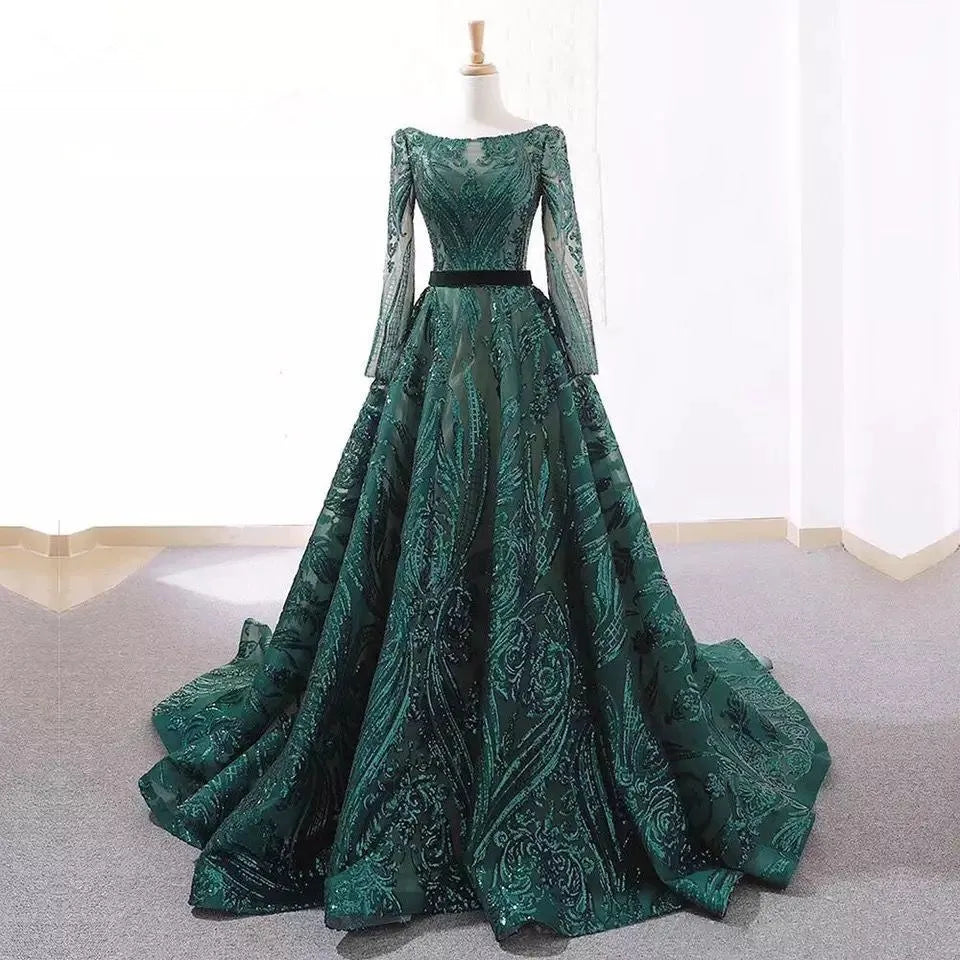 Dubai A-Line Green Evening Dress Muslim Women Vintage Long Sleeves Sequins Sparkle Prom Party Gowns - FashionDia