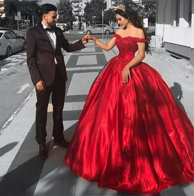 Sexy Long Red Off-the-Shoulder Prom Dresses Appliques Beaded Evening Gowns Reflective Dress - FashionDia