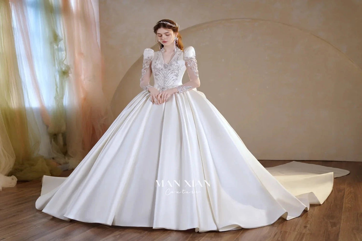 Opulent Ivory V-Neck Satin Ball Gown with Crystal Embroidery, Sheer Sleeves & Keyhole Back Bow (ZD16941)