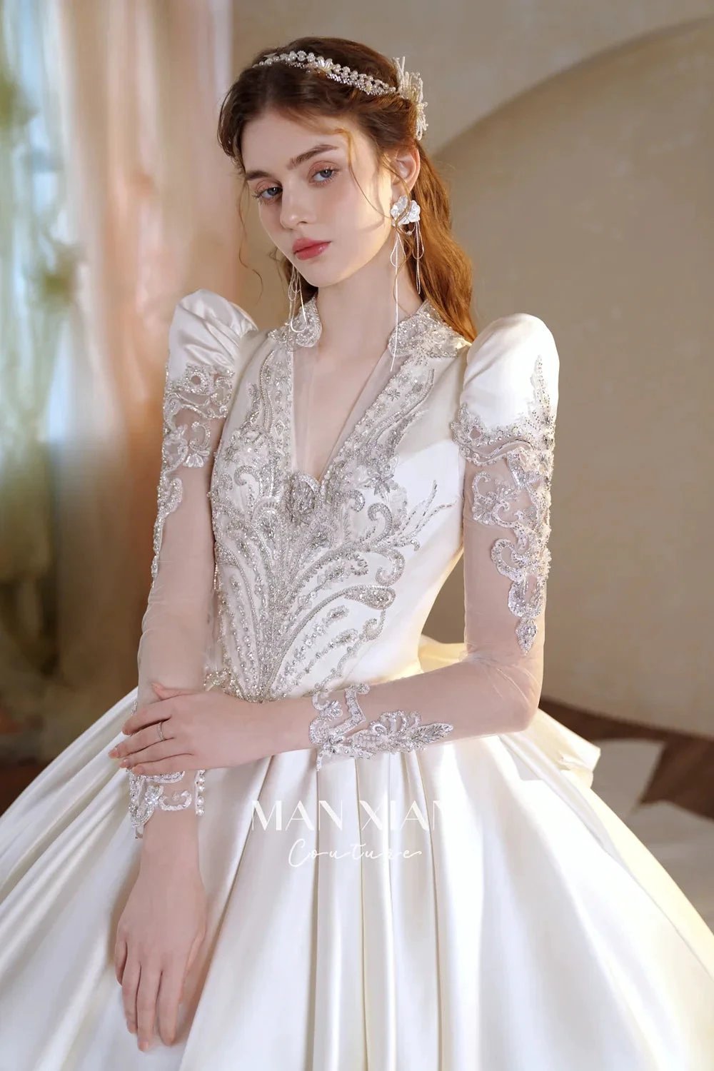 Opulent Ivory V-Neck Satin Ball Gown with Crystal Embroidery, Sheer Sleeves & Keyhole Back Bow (ZD16941)