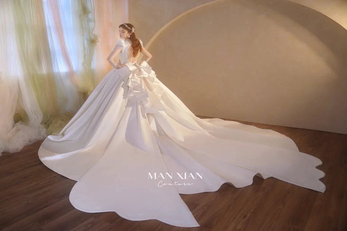Opulent Ivory V-Neck Satin Ball Gown with Crystal Embroidery, Sheer Sleeves & Keyhole Back Bow (ZD16941)