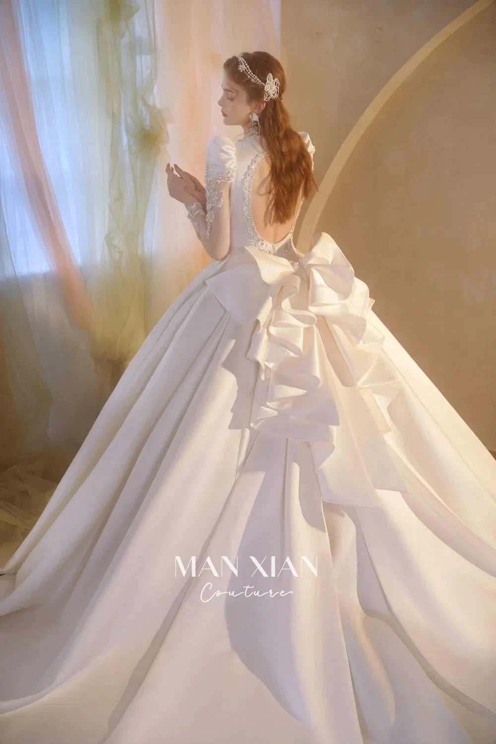 Opulent Ivory V-Neck Satin Ball Gown with Crystal Embroidery, Sheer Sleeves & Keyhole Back Bow (ZD16941) - View 7 | VelvetHem