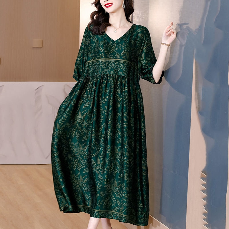 Plus Size Vintage Heavy Silk Casual Dress