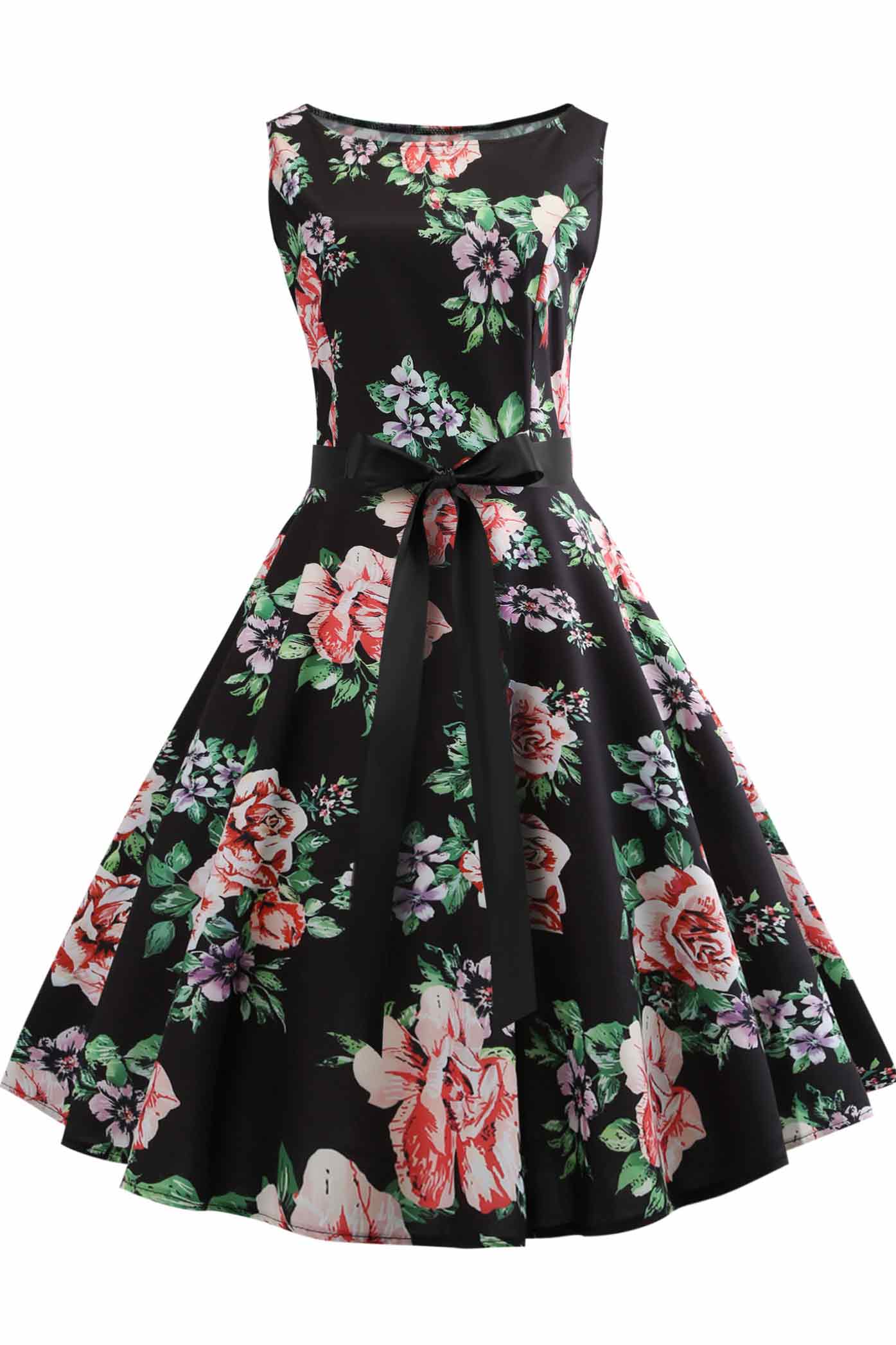 Hepburn Vintage Floral Sleeveless Dress - Fashionpara