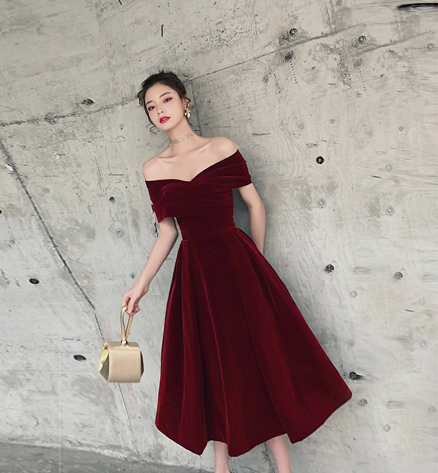 Green Velvet Off Shoulder Vintage Style Bridesmaid Dress, Tea Length Party Dress C1100