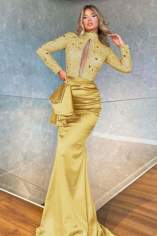 High Collar Long Sleeves Mermaid Pleated Sequined Evening Formal Dress With Beadings