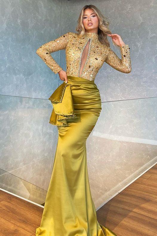 High Collar Long Sleeves Mermaid Pleated Sequined Evening Formal Dress With Beadings