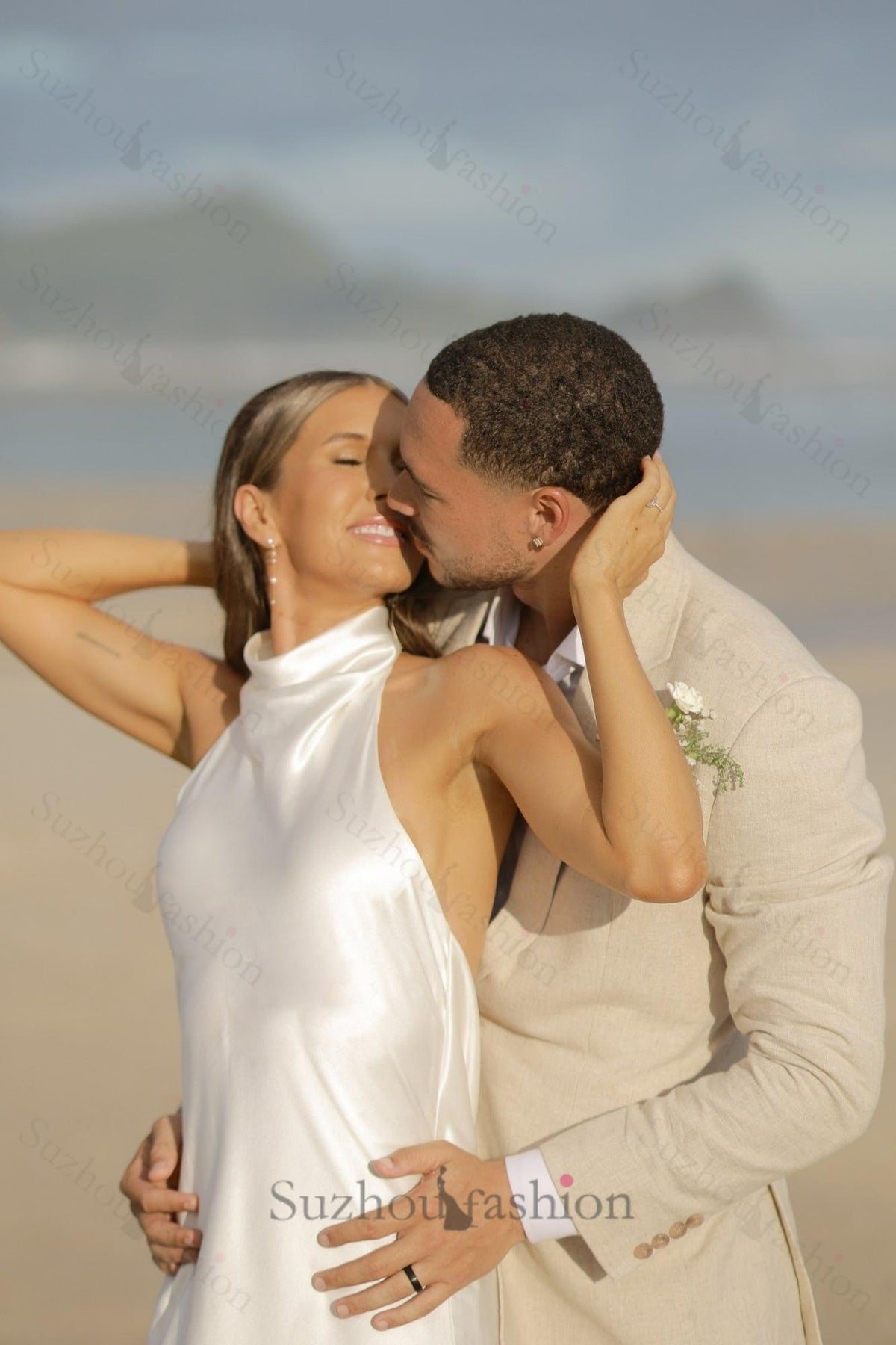 High Neck Beach Wedding Dress Mermaid Backless Boho Bridal Gown