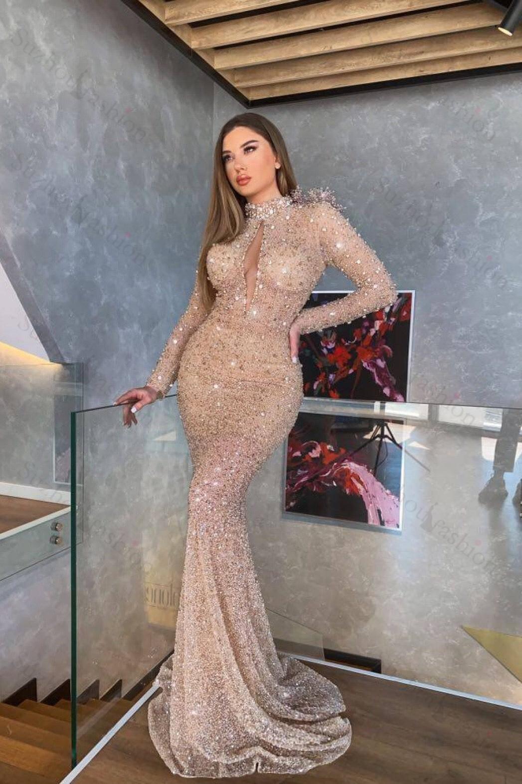High Neck Mermaid Long Sleeves Sequined Long Evening Formal Dress With Pleated
