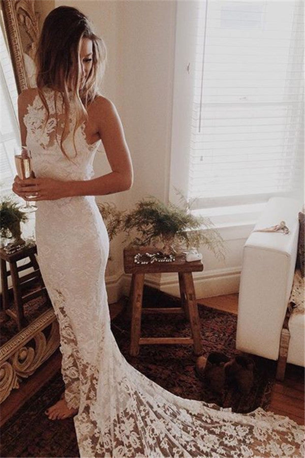 High Neck Sheath Lace Summer Beach Wedding Dresses Sleeveless Beach Bridal Dresses for Beach BA3373