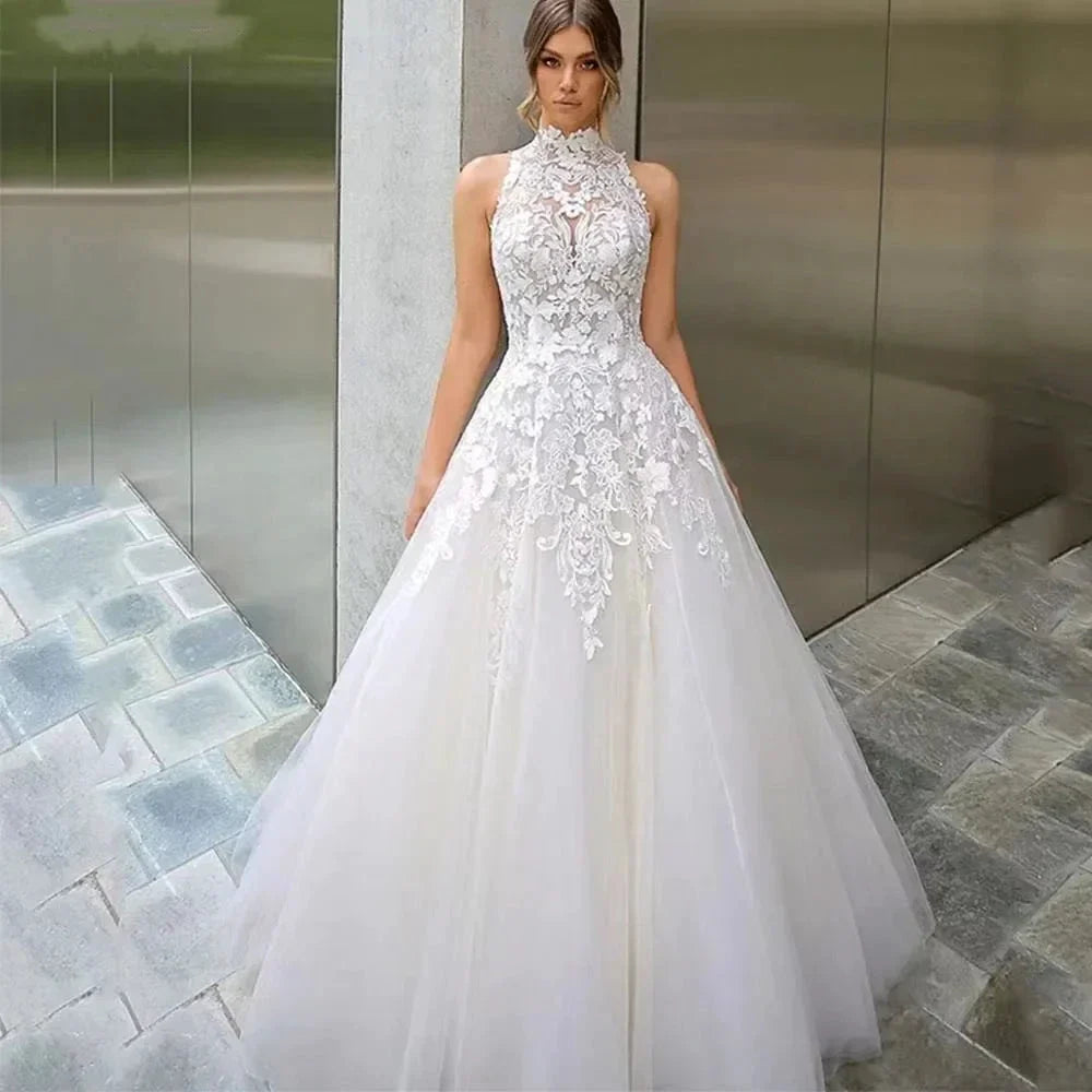 High Neck Vestidos De Novia Appliques Vestido De Noiva Sleeveless Wedding Dresses Lace Robe De Mariée by payinti