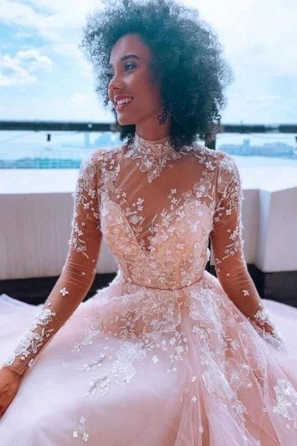 High neck Elegant Lace Long sleeves Wedding Dress (ZD15695) - View 2 | VelvetHem