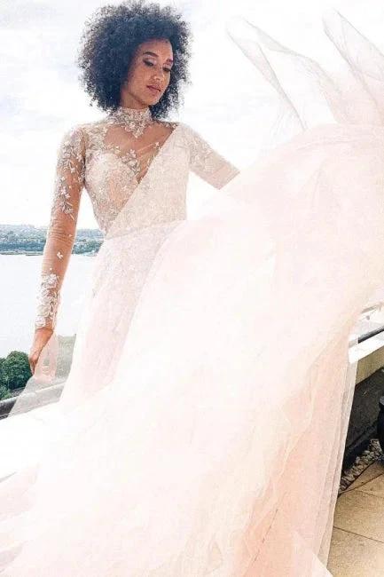 High neck Elegant Lace Long sleeves Wedding Dress (ZD15695)