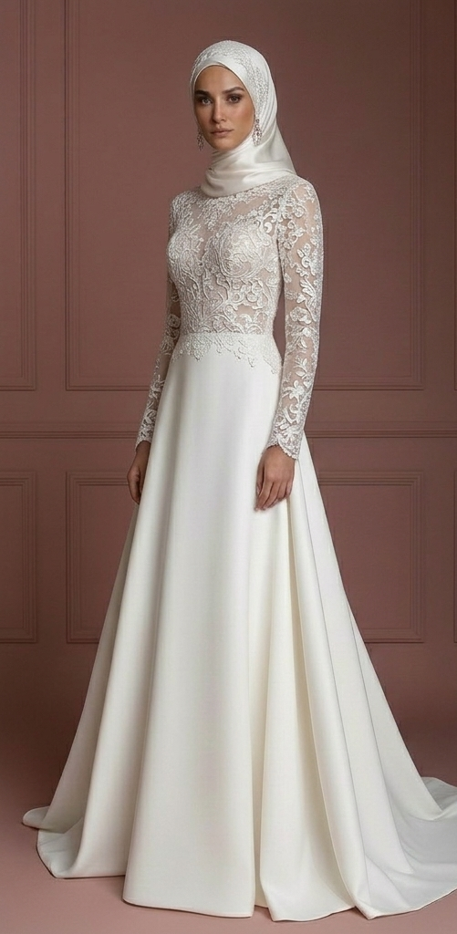 Hijab Bridal Wedding Dress With Lace Embroidery Modest Style Muslim