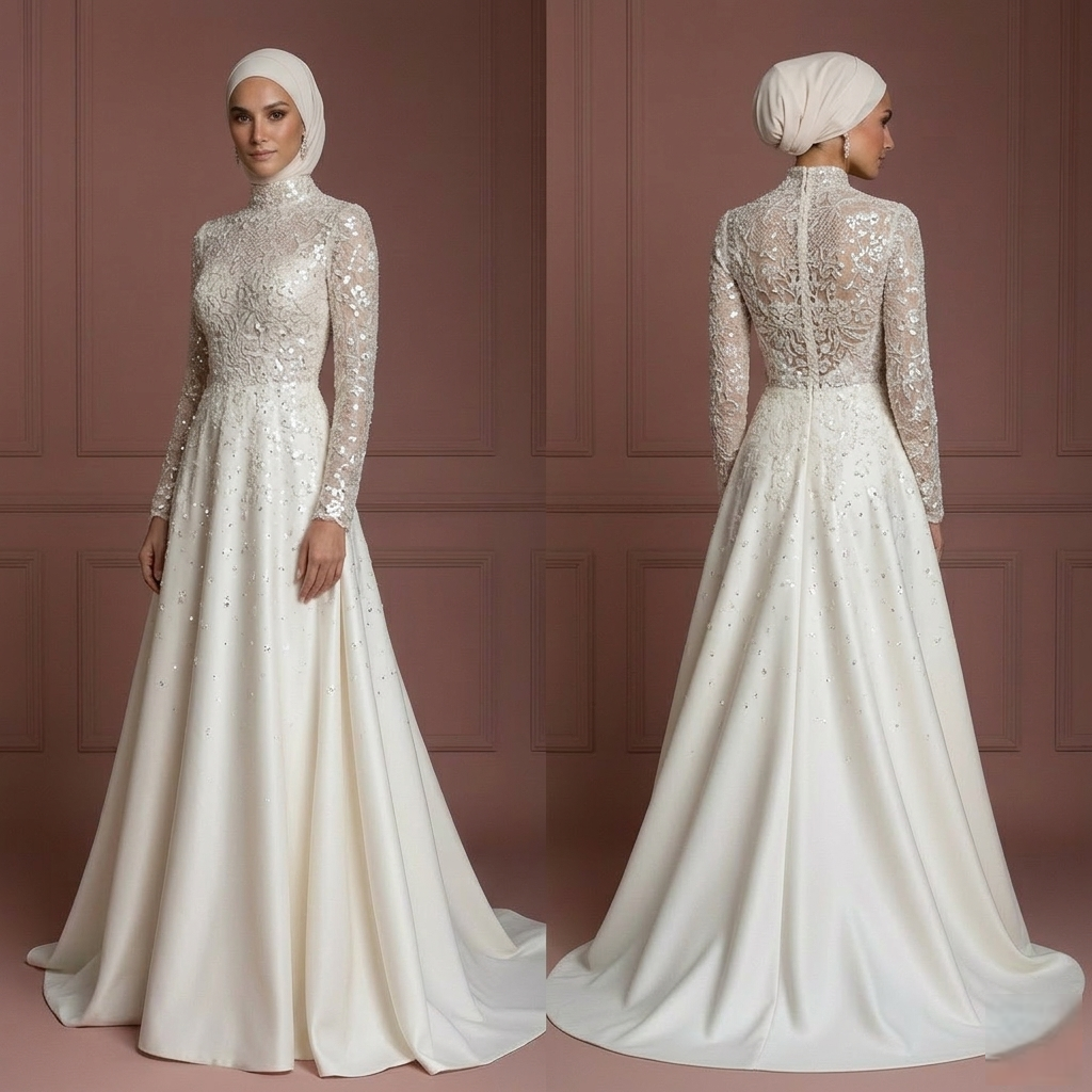 Hijab Bridal Wedding Dress With Sequin Lace Glam Modest Style Muslim