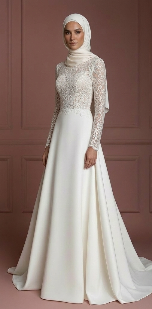 Hijab Wedding Dress Lace Long Sleeve Modest Bridal Muslim