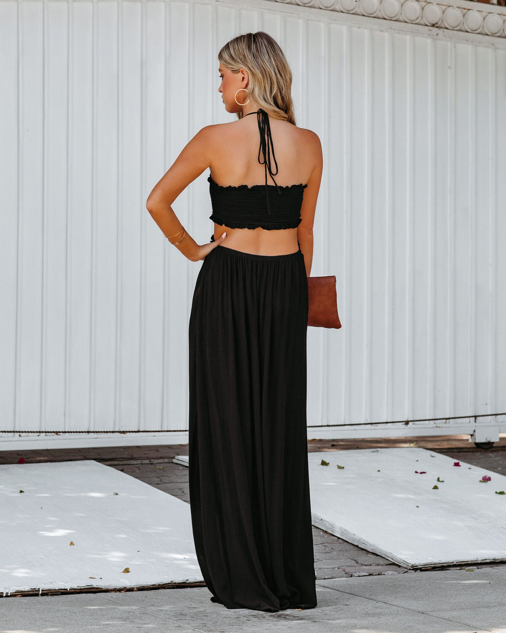 Hit The Beach Smocked Halter Maxi Dress Black