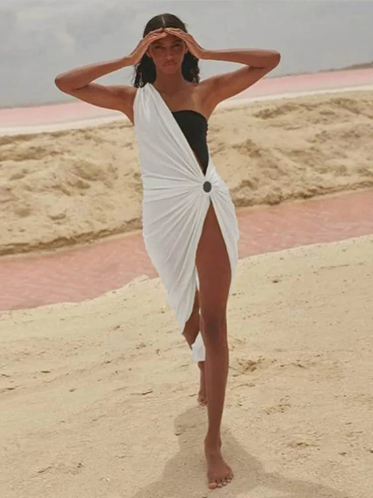 Hollow One Shoulder White Midi Dress - View 5 | VelvetHem