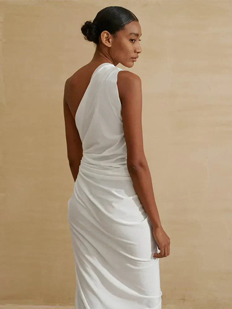 Hollow One Shoulder White Midi Dress - View 6 | VelvetHem
