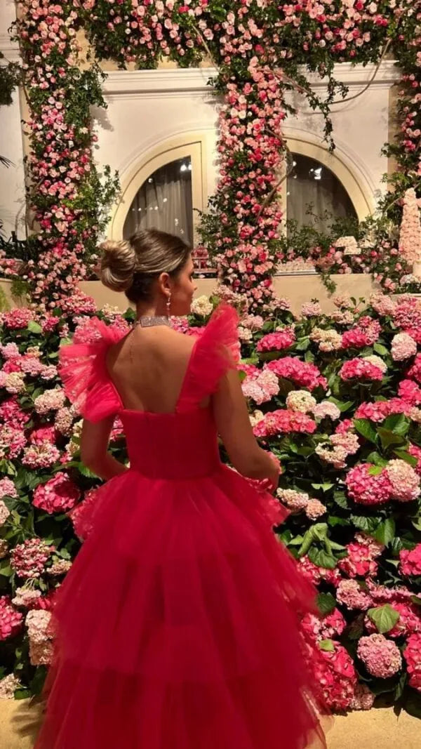 Modern Red Soft Tulle Prom Dress Cap Sleeves Tiered Pleat Ruched Floor Length Gown Homecoming Dresses Graduation Party