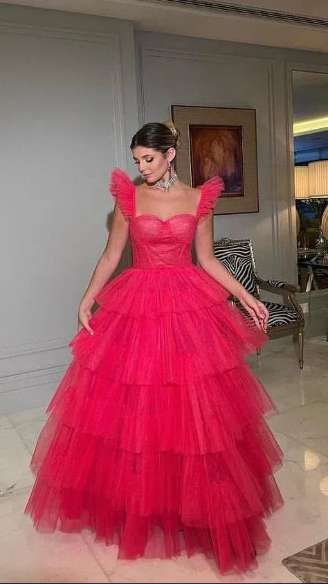 Modern Red Soft Tulle Prom Dress Cap Sleeves Tiered Pleat Ruched Floor Length Gown Homecoming Dresses Graduation Party