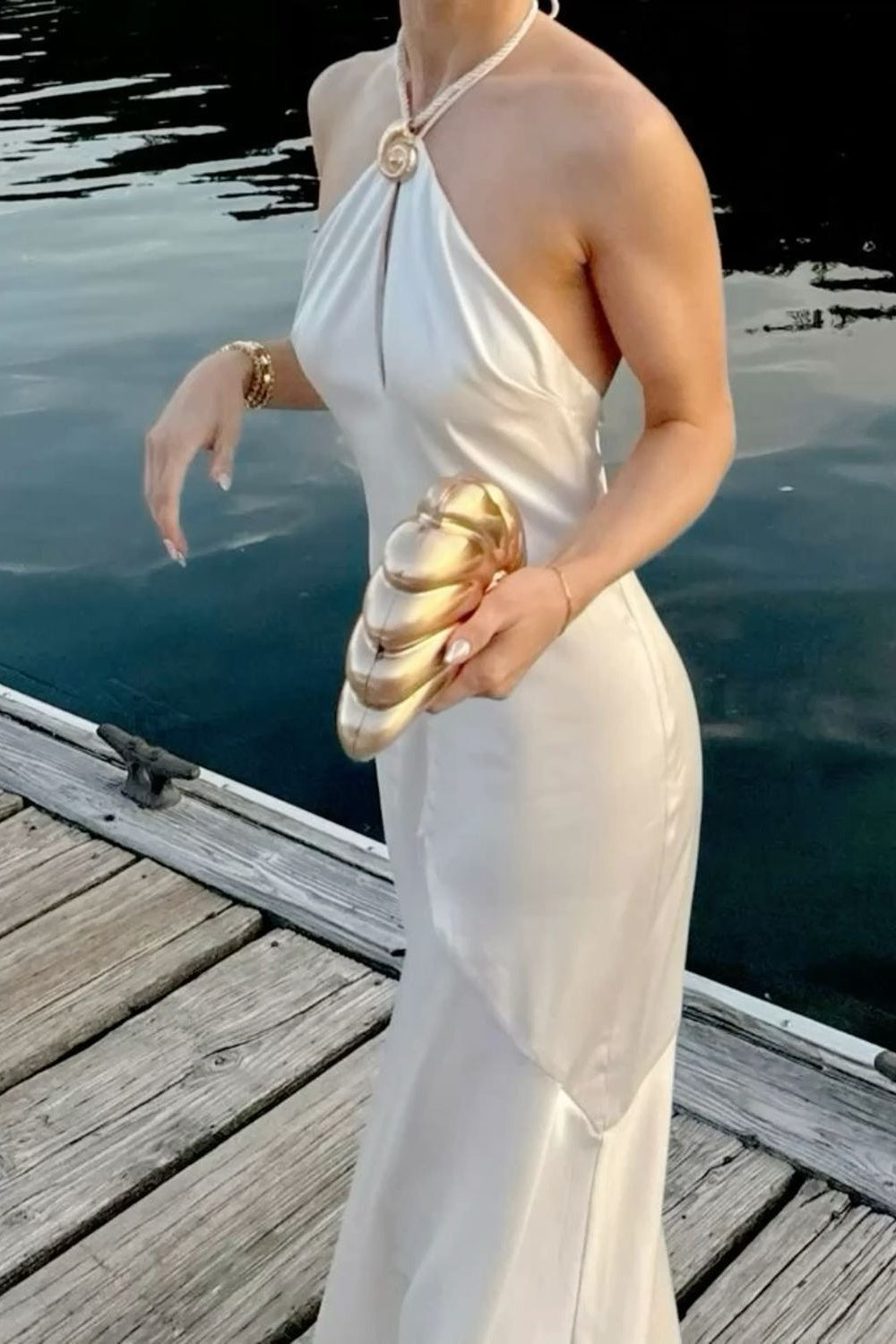 Hot Mermaid Halter Neck White Long Prom Dress with Keyhole