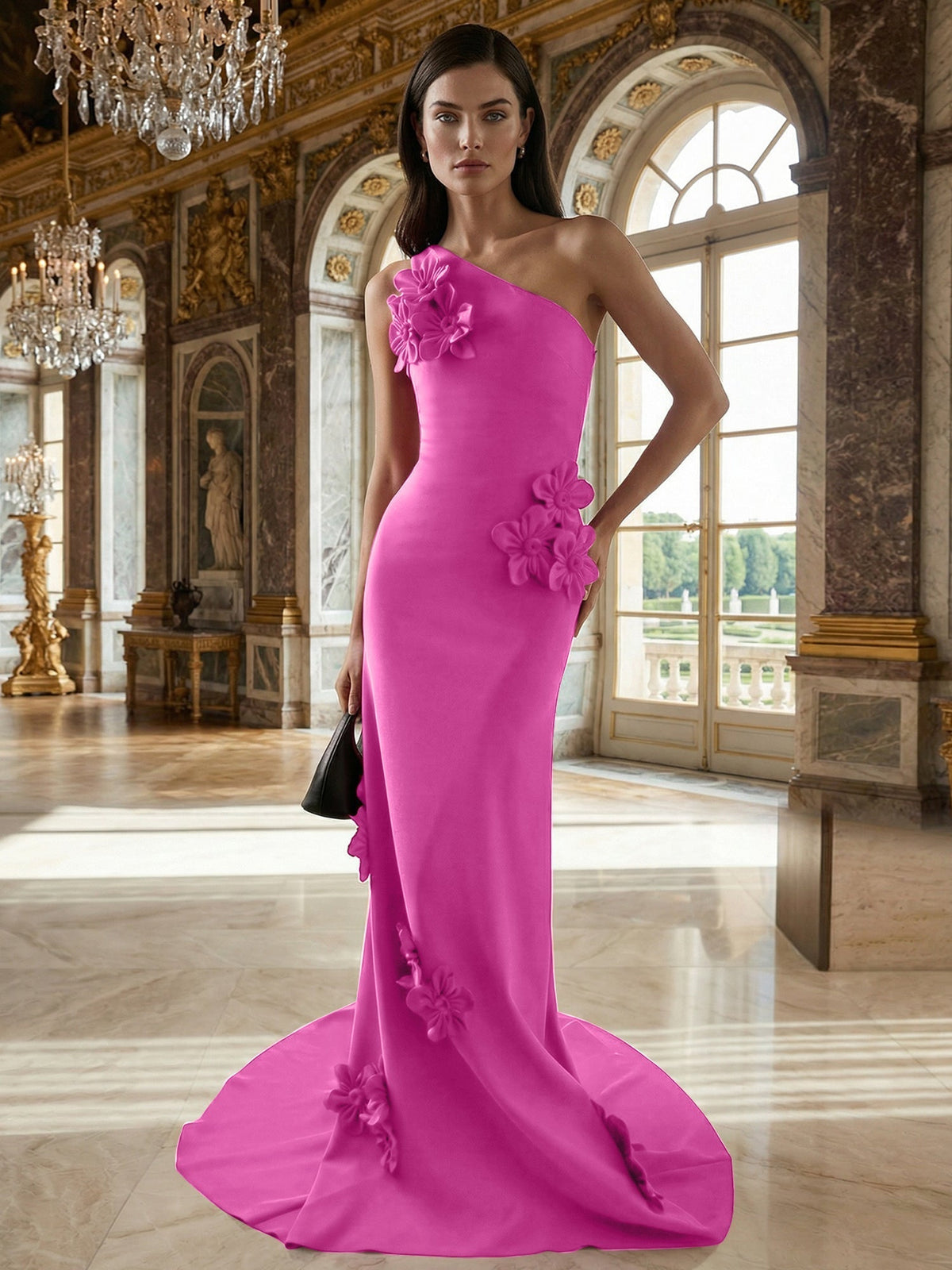A-Line One-Shoulder Sleeveless Floor-Length Stretch Crepe Dress With 3D Flowers - View 13 | FashionDia